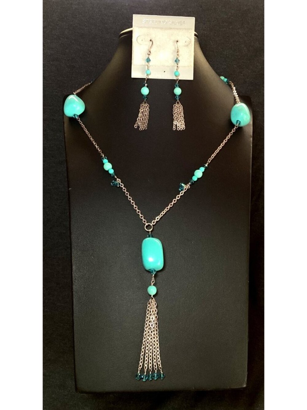 Vtg 925 Silver Necklace & Earrings Set Turquoise Beads & Blue Swarovski Crystals